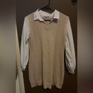 Woman’s V-Neck Cable Knit Sweater 
Dress in Beige